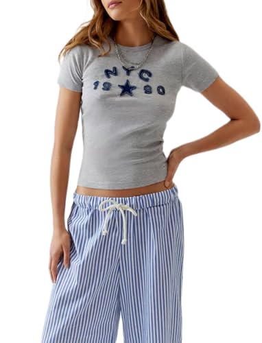 Y2k Aesthetic Graphic Baby Tees for Women Tight Short Sleeve Crop Tops 90s Teenagers Shirt Clothing Summer 2025 (Letter Light Grey, M)