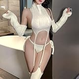 SNOMYRS Virgin Killer Sweater Japanese Sexy Cosplay Garter Lingerie Set Stockings Crop Top Panty Teddy Bodysuit For Women