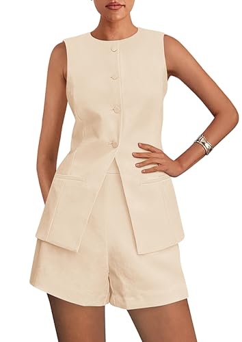 PRETTYGARDEN Women's 2 Piece Sets 2025 Summer Trendy Button Down Suit Vest Tops High Waisted Shorts Business Casual Outfits (Beige,Medium)