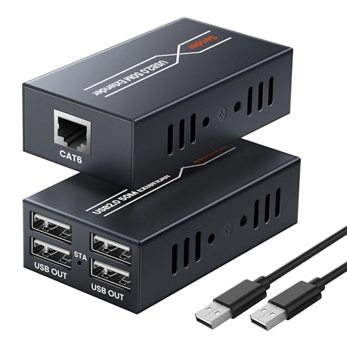 avedio links 164ft/50m USB Extender Over Cat6/7, 4 USB 2.0 Ports Single Ethernet Extender with POC Power Supply, ESD Protection, Plug and Play for Webcam, Keyboard, Mouse, Printer