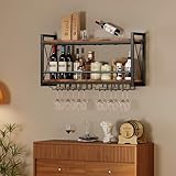 Homeiju Wall Mounted Wine Rack, Bottle & Glass Holder Wood-Metal Retro Wine Rack, Wine Bottles Display Wall Storage for Kitchen Dining Room Home Bar