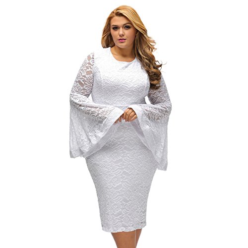 SUGARWEWE Sexy Plus Size Bell Sleeves Lace Dress Party Dress Plus White XX-Large