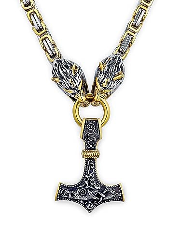 HAQUIL Viking Necklace for Men, Gold Plated Stainless Steel Mjolnir Pendant, Wolf Head King Chain, Viking Jewelry Gift for Men