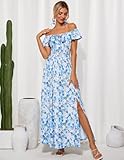 GRACE KARIN 2025 Women's Summer Dresses Off Shoulder Floral Print Boho Dress Flowy A Line Maxi Dress Blue L