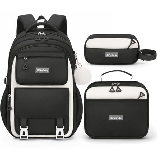 Fimibuke Backpacks for Girls, 3 PCS Waterproof School Backpack with Lunch Box & Pencil Pouch for Kids Teen Girl, Cute Bookbag School Bag for Elementary Middle High School Student Ages 6+(Black)