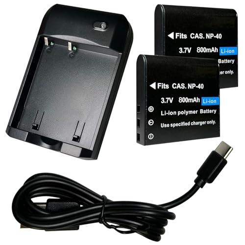 NP-40 Battery Charger, Digital Camera Battery Charger with 2 Pieces CAS. NP-40 3.7V 800mAh Li-ion Rechargeable Battery and Type-C Charging Cable