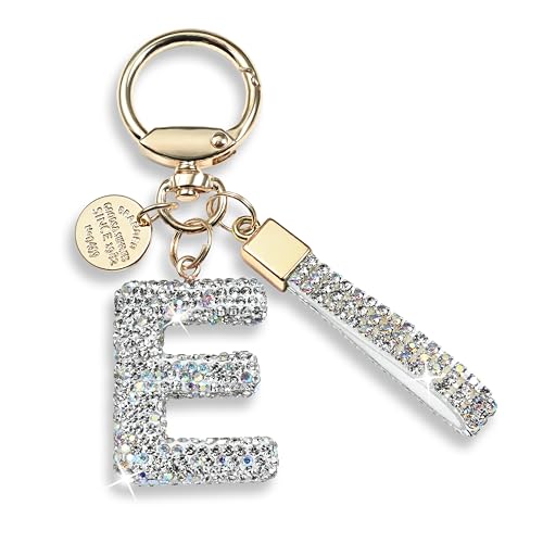 Pink Blue White Initial Letter Keychain Gift for Women Girls Bling Sparkly Cute Backpack Car Key Accessories Lanyard (E-white)