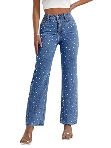 EZAPINE Womens Denim Jeans Straight Leg Pearls Beaded High Waist Pants Flare Stretch Elegant Casual Bootcut Jeans Navy Blue