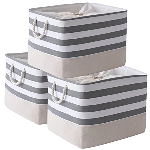 TheWarmHome Jumbo Storage Bins Baskets, Sturdy Fabric Organizing Basket W/Handles, Decorative Foldable Storage Baskets for Shelves Closet Nursery Toy (Grey&White Stripes 3 Pack, 20.5Lx15.7Wx13.8H in)