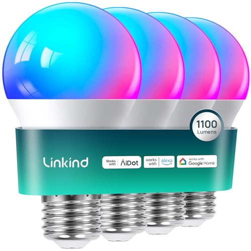 Linkind Smart Light Bulbs, 1100LM (75W Equivalent) Smart Bulb, Work with Alexa & Google Home, RGBTW Color Changing Bulbs Music Sync, 2.4GHz Wi-Fi & Bluetooth, LED Alexa Light Bulbs 11W, A19 E26, 4Pack
