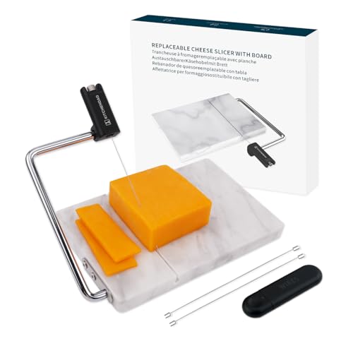 KITCHENDAO Replaceable Wire Cheese Slicer with Board, Tightness Adjustable Cheese Slicer, Marble Cheese Cutter for Block Cheese, Easy to Replace, with 2 Extra Upgrade Strong Wires