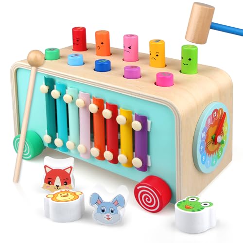 LAAVII Montessori Hammer Pounding Toy for Baby Boys Girls 2 3 4 Years Old, Early Learning Educational Fine Motor Toy with Pounding, Xylophone,Clock Animal Shape Cart for Kids Toddlers Preschoolers