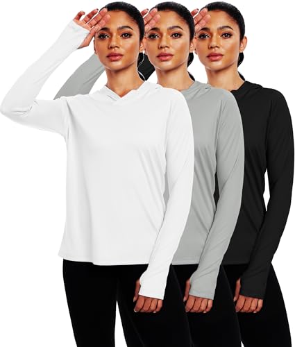 CADMUS Womens UPF 50+ Workout Long Sleeve Shirt Sun Protection Breathable Hooded with Thumb Holes,Black,Grey,White,X-Large
