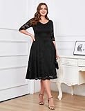 Dressystar Womens Long-Sleeve Wedding Guest Dress A-Line Lace Formal Party Cocktail Midi Dress Prom Gown Black M