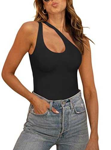 REORIA Women's Summer Sexy One Shoulder Cutout Front Sleeveless One Piece Tank Tops Backless Thong Bodysuits Leotards For Going Out Black Medium