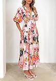 Sissyaki Women's Boho Floral Midi Dress Smocked Beach Flowy Dress Multi Pink Print M