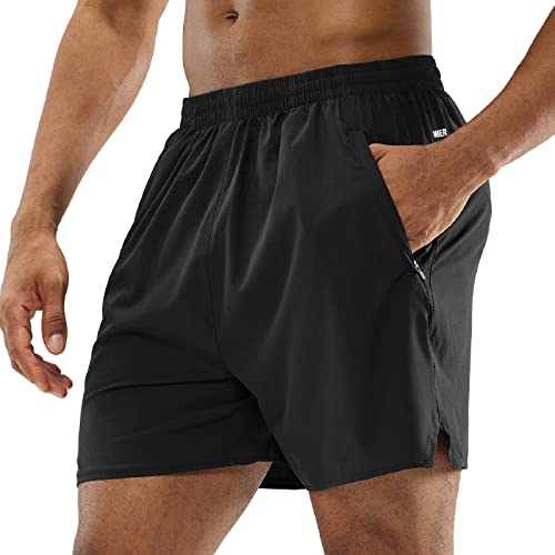 MIER Men's Black Athletic Running Shorts 5 Inch Lightweight Quick Dry Workout Gym Training Shorts with Zipper Pockets, S