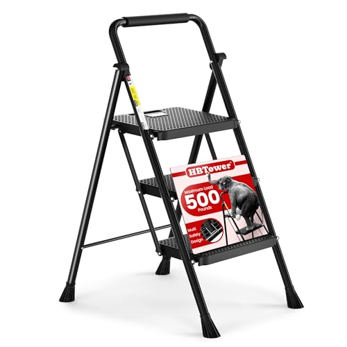 HBTower Step Ladder, Folding Step Stool with Wide Anti-Slip Pedal, Sturdy Steel Ladder, Convenient Handrail, Lightweight, Portable Steel Step Stool