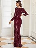 Women's Sequin Dress Long Sleeve High Thigh Slit Evening Gowns Burgundy US10