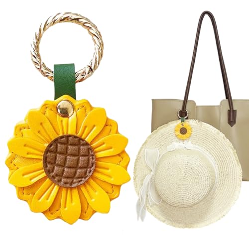 JNEWIN Sunflower Bag Charm Keychain with Magnetic Hat Clip for Travel on Bag, Pu Leather Fashion Accessories Key Chain, Vacation Tracel Gifts for Women