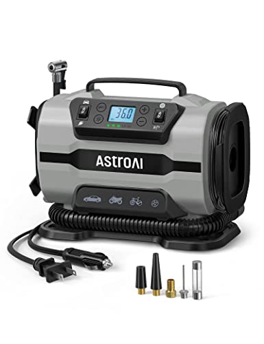 AstroAI Tire Inflator Portable Air Compressor Pump 150PSI 12V DC/110V AC with Dual Metal Motors &LED Light， Automotive Car Accessories&Two mode for car, bicycle tires and air mattresses, Gray