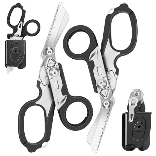 Lenporl 2 Pack Foldable Trauma Shears with Compatible Holster, Emergency Shears with Strap Cutter and Glass Breaker for Outdoor Camping Rescue Scissors Tools Black