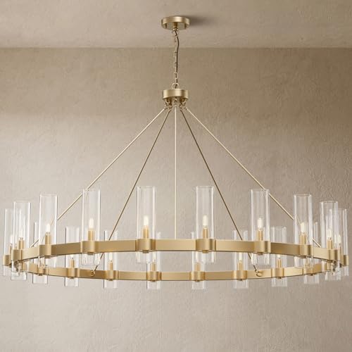 YIOSI 60 Inch Gold Chandelier, Wagon Wheel Chandelier with Glass Shade, 20-Lights Large Round Modern Farmhouse High Ceiling Pendant Lighting Fixture for Dining Room, Living Room, Kitchen, Foyer