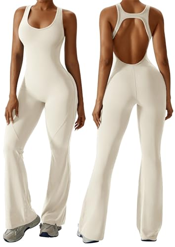 OEAK Womens Flare Jumpsuit with Bra Tummy Control Cutout Romper Workout Outfit Sleeveless Unitard One Piece Backless Bodysuit Beige S