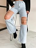 LifeShe Women Denim Jeans High Waist Distressed Rhinestone Pearl Chains Stretch Denim Pants Blue