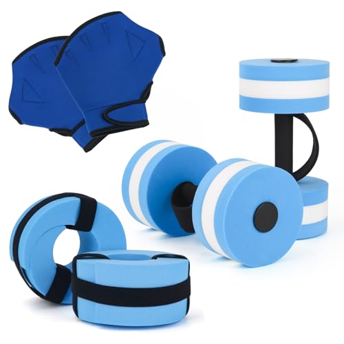 NEAGLORY 6 Pieces Aquatic Exercise Set Water Aerobics Set Pool Fitness Equipment Foam Water Dumbbell, Swim Aquatic Cuffs, Swimming Gloves for Exercise, Blue