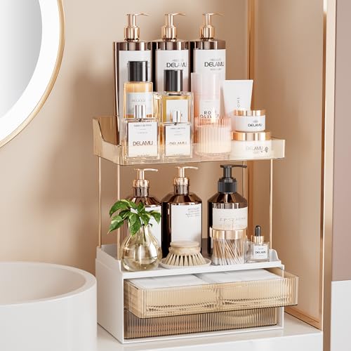 Delamu Bathroom Organizers and Storage, 2-Tier 2-Drawer Makeup Organizer Countertop, Easy to Install, Ideal for Bathroom Storage, Vanity, Large Skincare, Perfume, Present, and More, Amber