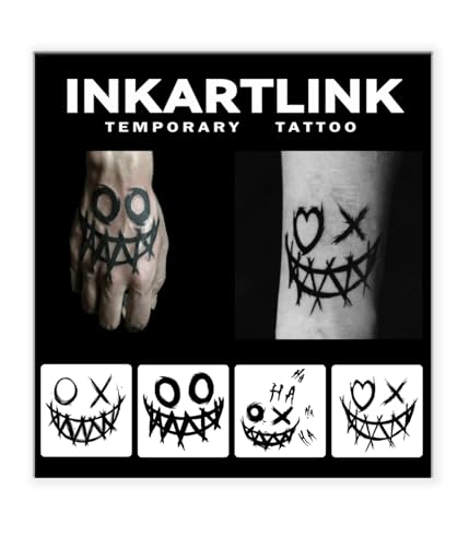 INKARTLINK Tattoo Tech, 4 Sheets Semi Permanent Tattoo, Adult Art Design Temporary Tattoos, Lasts 1-2 Weeks, Waterproof, Realistic Look, No Adhesive, No Reflection (Joker Smile Design)