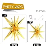 PartyWoo Gold Star Balloons 6 pcs, One-Piece 14-pointed Star Explosion Balloons with Ribbon, Gold Point Star Foil Balloons, Large Mylar Balloons Fireworks Shape (27 & 22 inch)