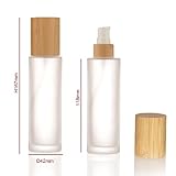 COSIDEA 4pcs Empty 3.33oz / 100ml bamboo lids Frosted glass bottle with lotion pump dispenser, refillable emulsion cosmetic cream bottles, toiletries refill travel container 20 neck