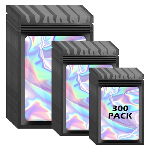 300 Pcs Holographic Mylar Bags, 3 Size Smell Proof Bags with Clear Window Foil Pouch Bags Resealable Bags for Small Business and Food Storage, Black