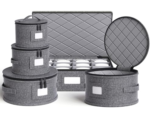 China Storage Containers Hard Shell Box for Moving Dishes, Plate, Wine and Glasses, Dinnerware, Mugs, Saucers Quilted Organizer Dividers for Packing Fine China Storage Containers 5Piece Grey