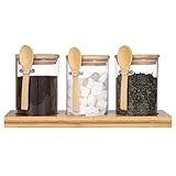 GURUDAR Glass Spice Storage Container with Spoon, 3PCS 20oz Airtight Sealed Condiment Jar with Tray, Kitchen Pantry Seasoning Canister Set for Salt Coffee Sugar Tea & Bathroom Cotton Swab Ball