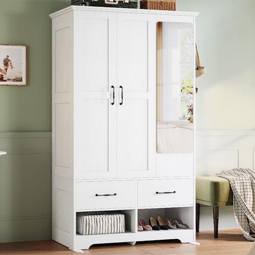 LIKIMIO 3 Doors Armoire Wardrobe Closet with Mirror, 2 Shoe Racks, 70" H Wooden Bedroom Armoires with 2 Drawers and Adjustable Shelves, Freestanding Closet Storage Cabinet with Hanging Rail, White