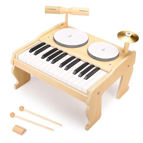 OATHX Kids Piano Keyboard, 25 Keys Digital with Drum Set and Volume Adjustable, 6 in 1 Musical Instruments for Kids Toddlers Baby Children, Wooden Mini Piano Gifts for Girls Boys Ages 3+