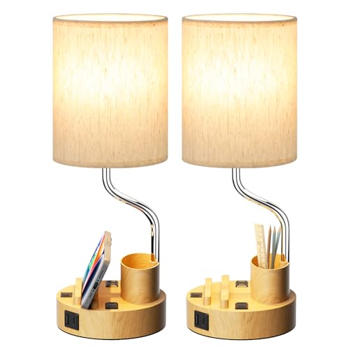 Bedside Table Lamps for Bedroom Set of 2 - Nightstand Light with AC Outlet and USB A & C for Charging, 3 Color Temperatures Wood Desk Lamp with Pen Holder & Phone Stand for Living Room/Dorm/Office