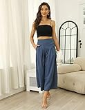 Hooever Women's Cotton Linen Culottes Pants Elastic Waist Wide Leg Palazzo Trousers Capri Pant (Blue-L)