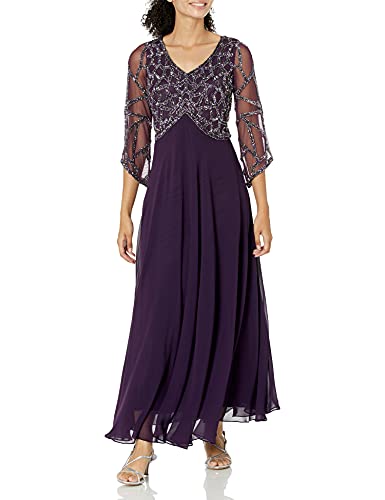 J Kara Women's Petite 3/4 Sleeve Geo Beaded Gown, Plum/Mercury/Silver, 10P