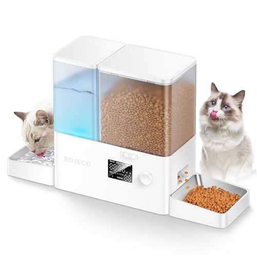 Rojeco 36Cups/8.5L Pet Automatic Cat Feeder and Gravity Water Dispenser,Stainless Steel Bowls 2-in-1 Set Large Capacity 5L Food Feeder and 3.5L Water Fountain for Cats,Pets,Small Dogs,Puppies,Kittens