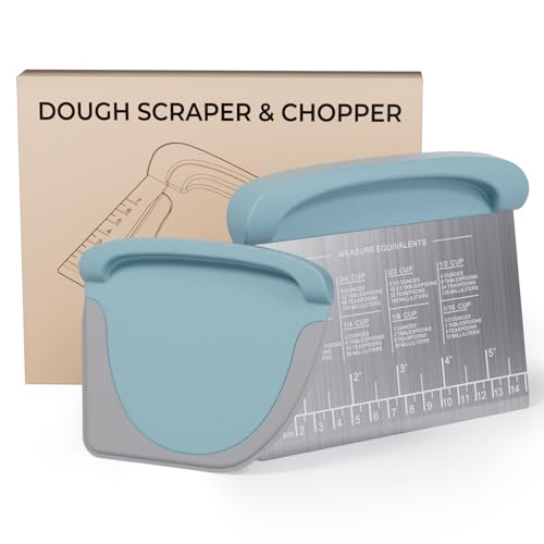 2 IN 1 Upgrade Bench Scraper, Dough Scraper for Pastry Bread Cake Pizza, Stainless Steel Dough Cutter with Conversion Chart & Measuring Scale, Bowl Scraper Food Scraper for Kitchen Baking, Blue