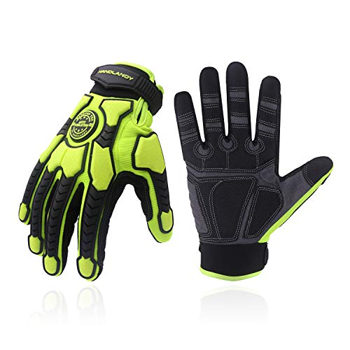 HLDD HANDLANDY Heavy Duty Work Gloves, SBR Padding, TPR Protector Impact Gloves, Men Anti Vibration Mechanic Work Gloves TouchScreen (XL, Green)