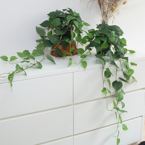 alyptus Fake Hanging Plants with Pot Artificial Decor Set of 2 Indoor Realistic Silk Devil's Ivy Hanging Potted Plants Faux Trailing Plant Pothos Vines for Office Shelf Decoration (Green)