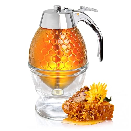 Hunnibi Glass Honey Dispenser - Clear - No Drip, with Stand, Stainless Steel TOP - Honey Pot, Honey Jar, Syrup Dispenser