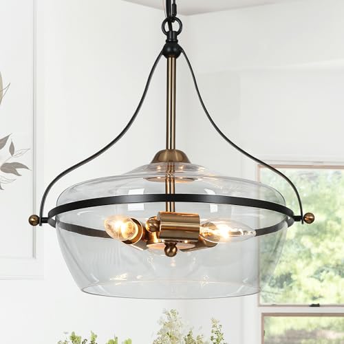 KSANA Black and Gold Chandelier, 3-Light Mid-Century Modern Pendant Lighting Fixture with Clear Glass and Electroplated Brass Accents for Dining Room, Kitchen and Bedroom