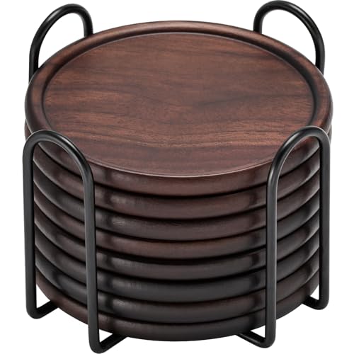 Wood Coasters with Metal Holder, GOH DODD Set of 8 Wooden Coaster Set for Drinks Desk Coffee Table Home Kitchen Office Bar, Tabletop Protection Living Room Decor, Walnut Coasters, 4 Inch