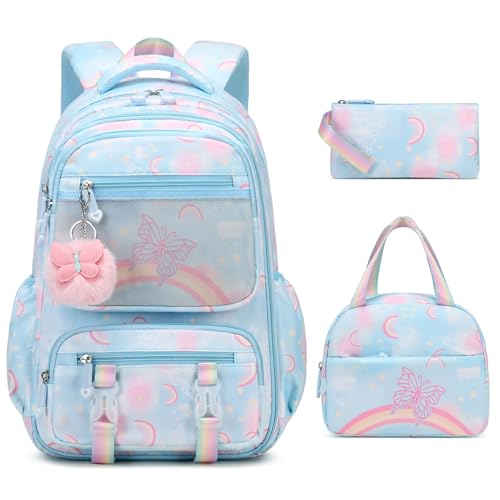 Scothen Backpack for Girls, Rainbow Butterfly Girls Backpacks with Lunch Bag Pencil Case Set, Kids Backpack Kindergarten Elementary Middle School Book Bag for Teen Girl Children Students